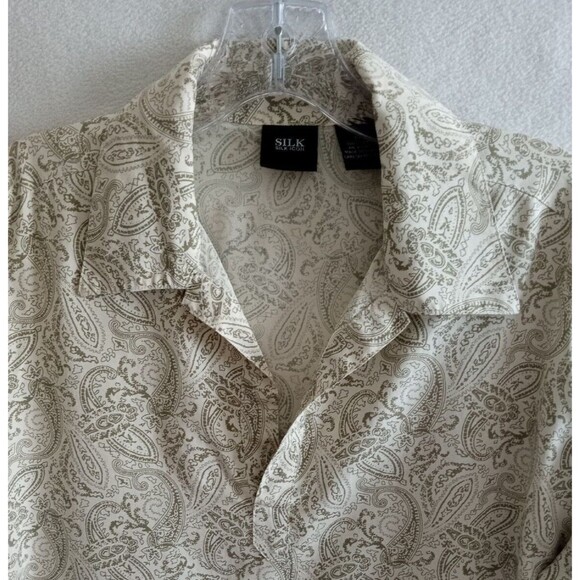 SILK ICON  Silk Tunic Top Blouse Medium White Green Paisley Print Long Sleeves - Picture 3 of 10